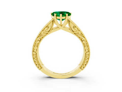 Yellow gold Heart Cut Emerald Solitaire Ring with Engraved Band and Four-Prong Setting_3
