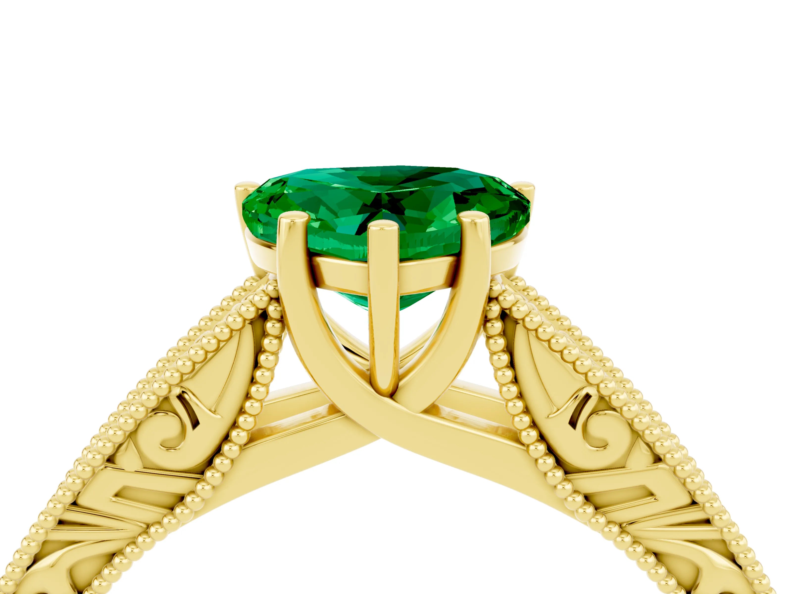 Yellow gold Heart Cut Emerald Solitaire Ring with Engraved Band and Four-Prong Setting_4