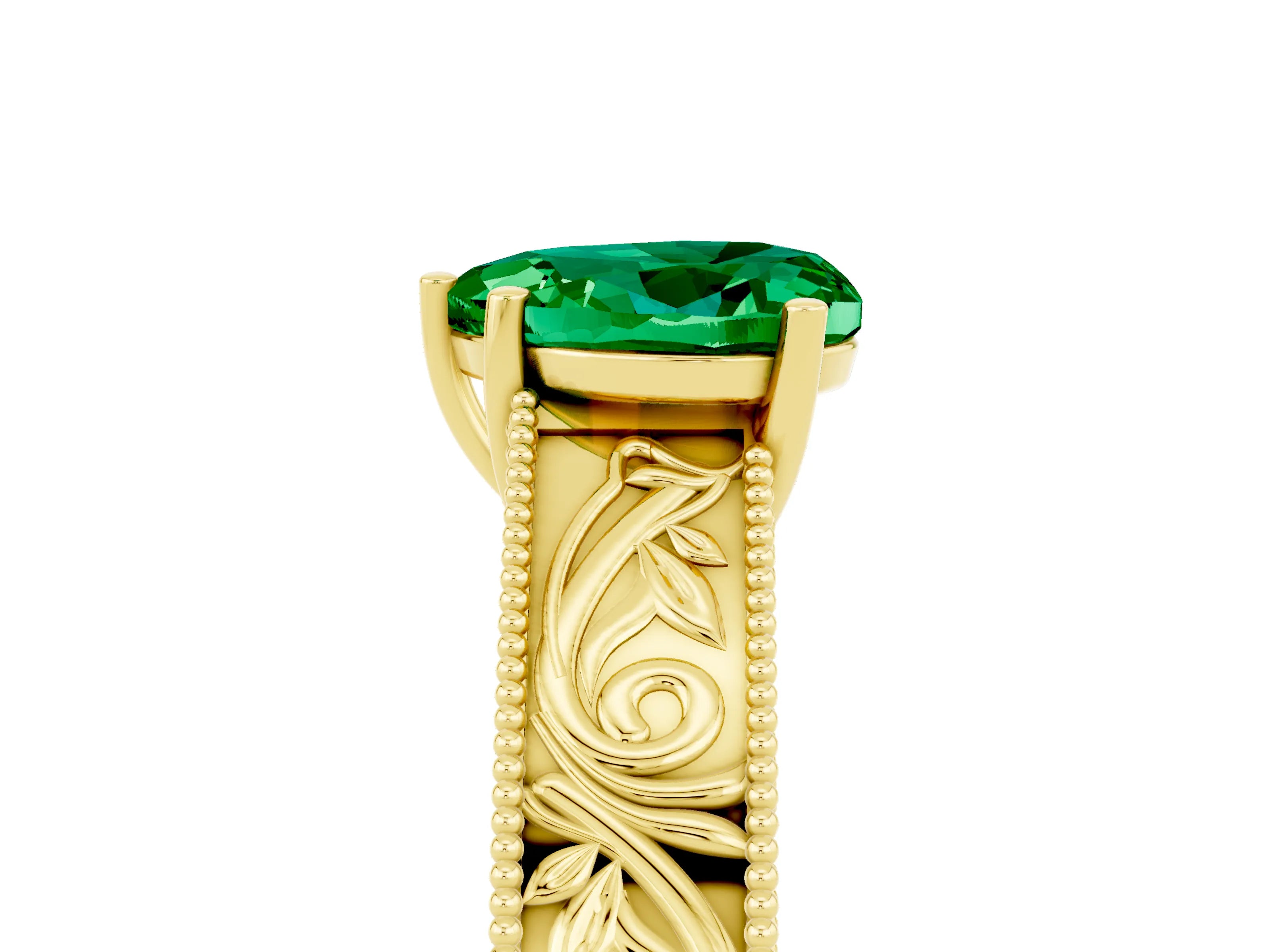 Yellow gold Heart Cut Emerald Solitaire Ring with Engraved Band and Four-Prong Setting_5