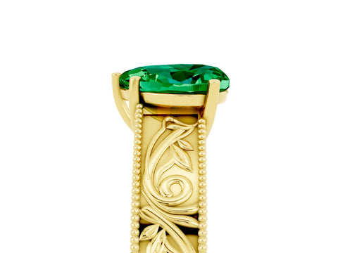Yellow gold Heart Cut Emerald Solitaire Ring with Engraved Band and Four-Prong Setting_5