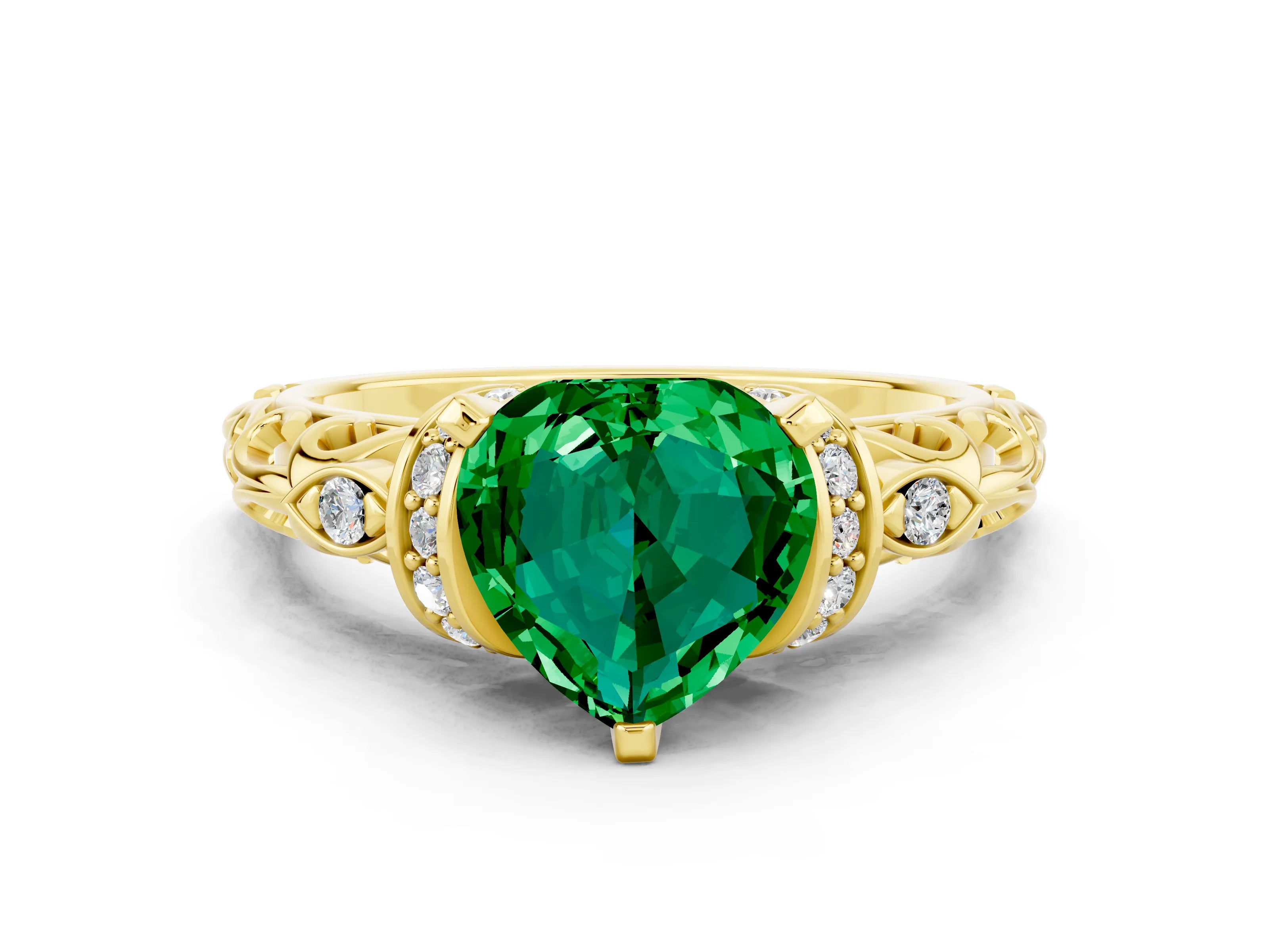 Yellow gold Heart Cut Emerald Solitaire Ring with Filigree Band and Four-Prong Setting_24