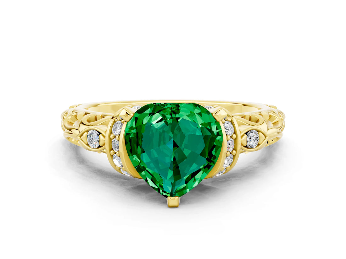 Yellow gold Heart Cut Emerald Solitaire Ring with Filigree Band and Four-Prong Setting_24