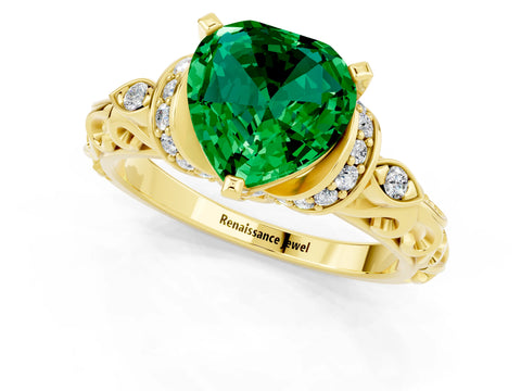Yellow gold Heart Cut Emerald Solitaire Ring with Filigree Band and Four-Prong Setting_25