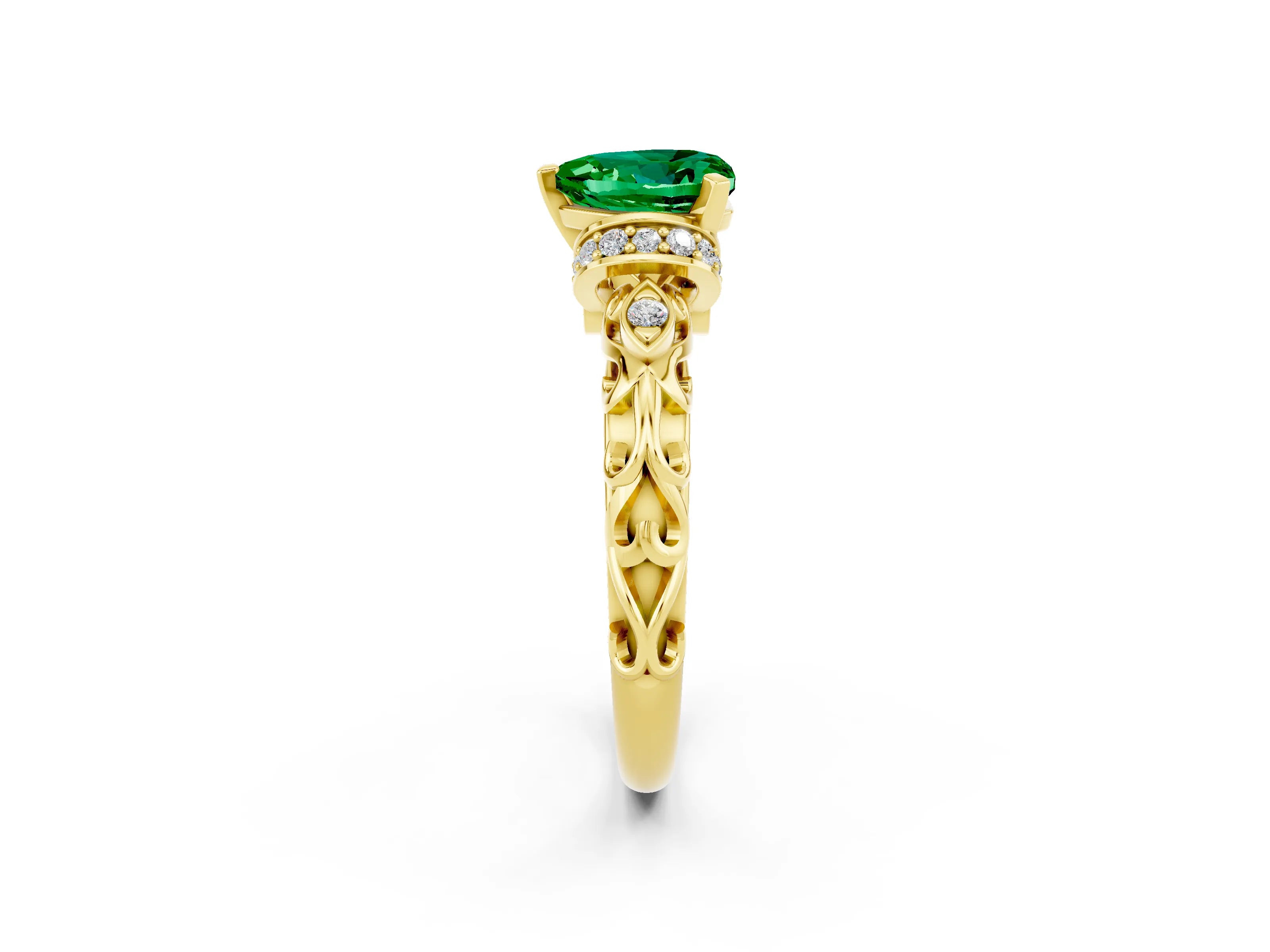 Yellow gold Heart Cut Emerald Solitaire Ring with Filigree Band and Four-Prong Setting_26