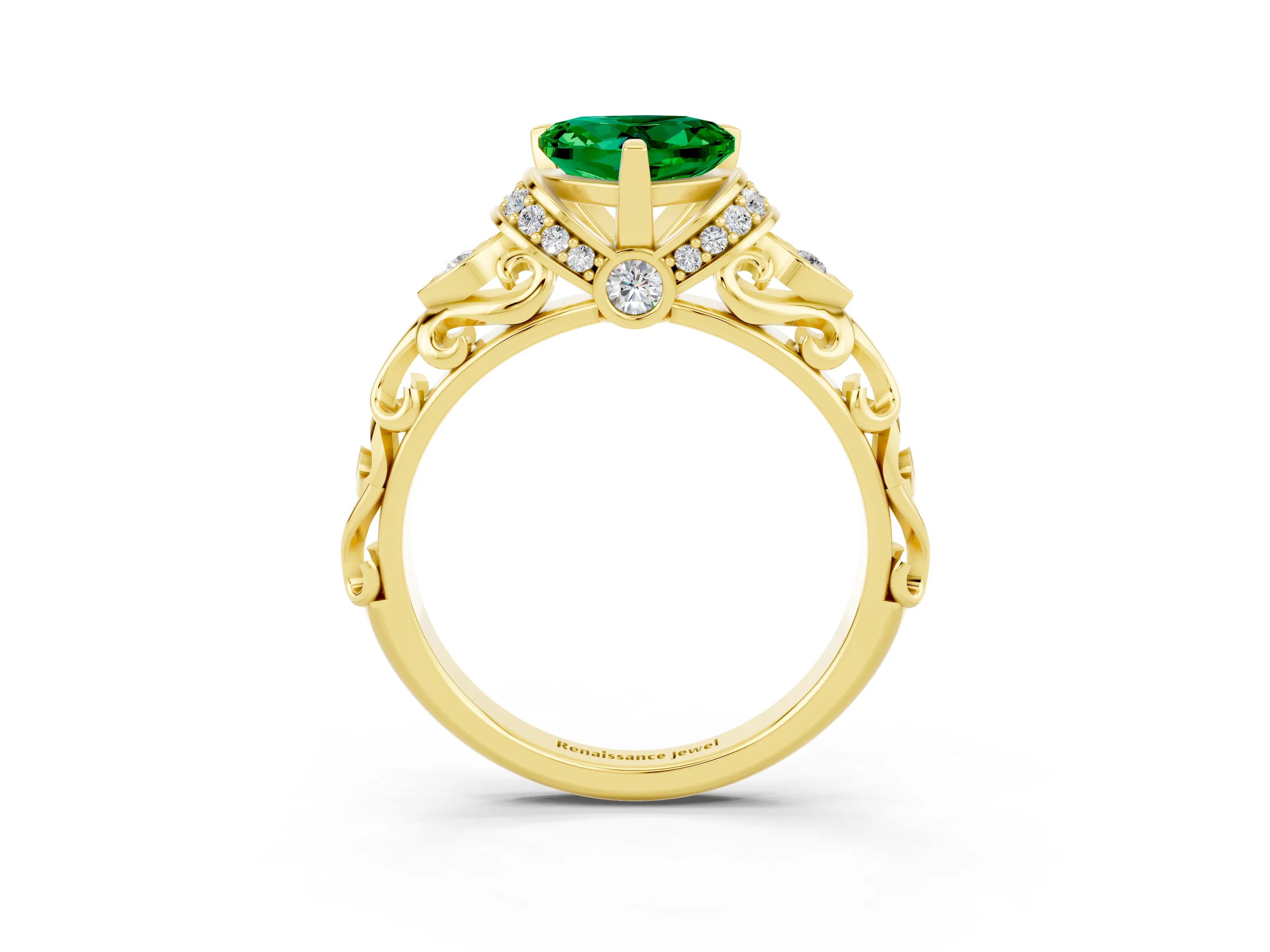 Yellow gold Heart Cut Emerald Solitaire Ring with Filigree Band and Four-Prong Setting_27