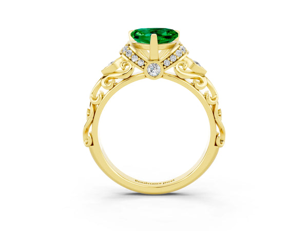 Yellow gold Heart Cut Emerald Solitaire Ring with Filigree Band and Four-Prong Setting