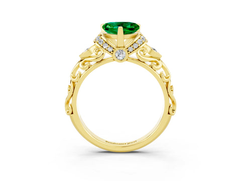 Yellow gold Heart Cut Emerald Solitaire Ring with Filigree Band and Four-Prong Setting_27