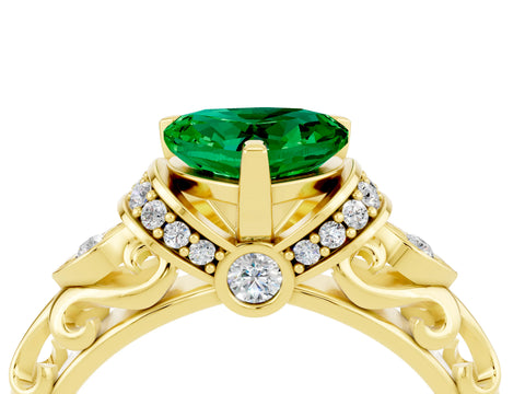 Yellow gold Heart Cut Emerald Solitaire Ring with Filigree Band and Four-Prong Setting_28