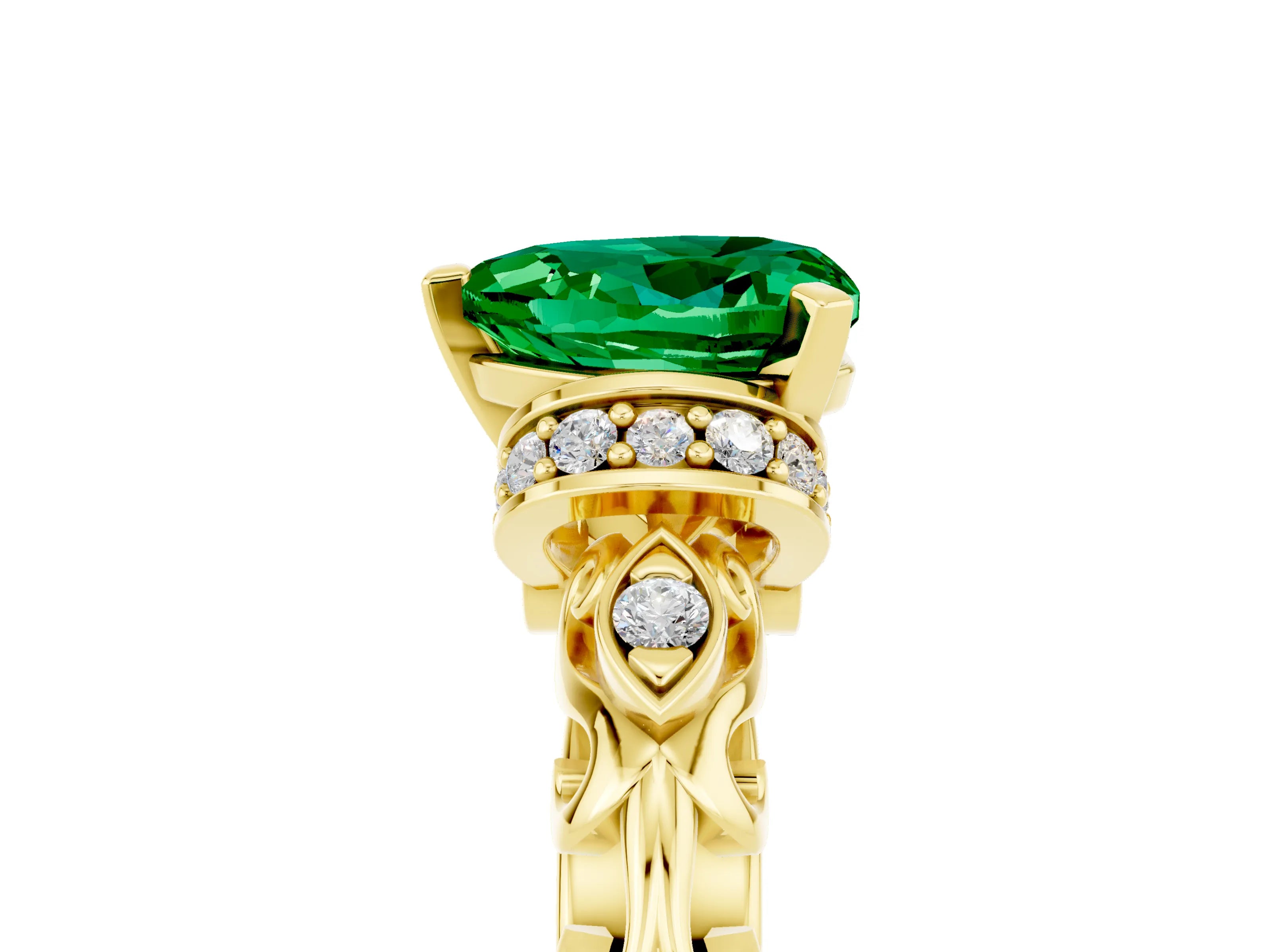 Yellow gold Heart Cut Emerald Solitaire Ring with Filigree Band and Four-Prong Setting_29