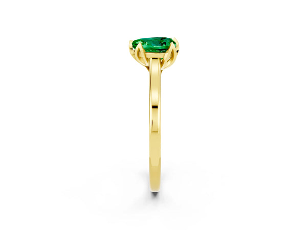 Yellow gold Heart Cut Emerald Solitaire Ring with Flower Prong Setting and Classic Band
