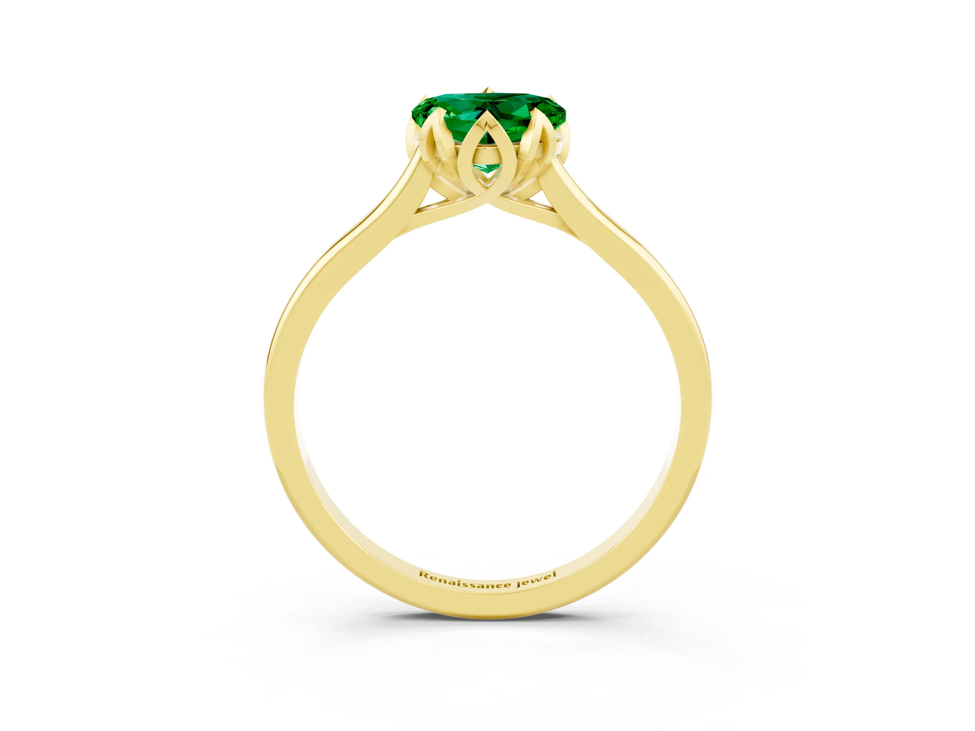 Yellow gold Heart Cut Emerald Solitaire Ring with Flower Prong Setting and Classic Band_15