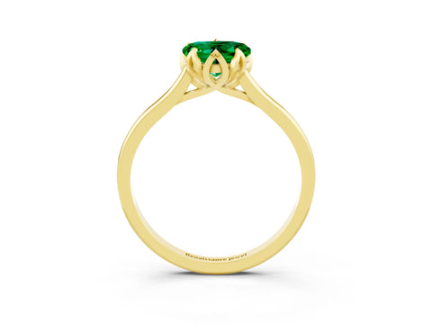 Yellow gold Heart Cut Emerald Solitaire Ring with Flower Prong Setting and Classic Band_15
