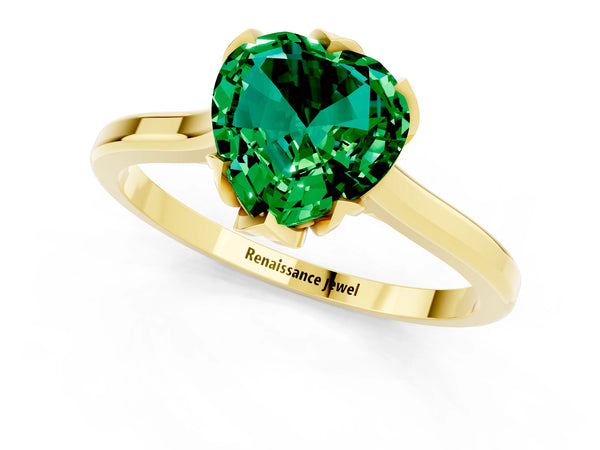 Yellow gold Heart Cut Emerald Solitaire Ring with Flower Prong Setting and Classic Band