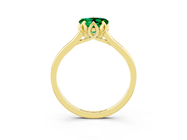 Yellow gold Heart Cut Emerald Solitaire Ring with Flower Prong Setting and Classic Band