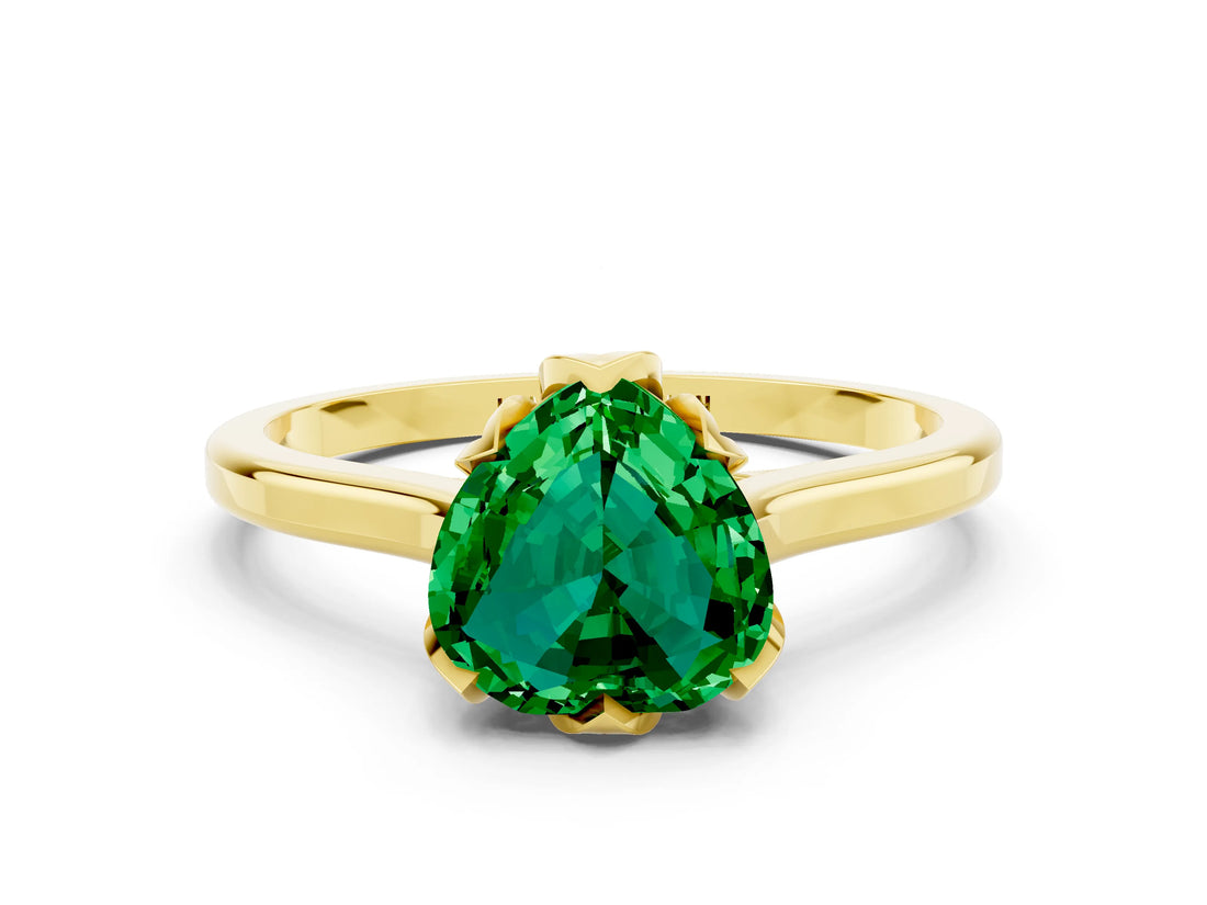 Yellow gold Heart Cut Emerald Solitaire Ring with Flower Prong Setting and Classic Band_36