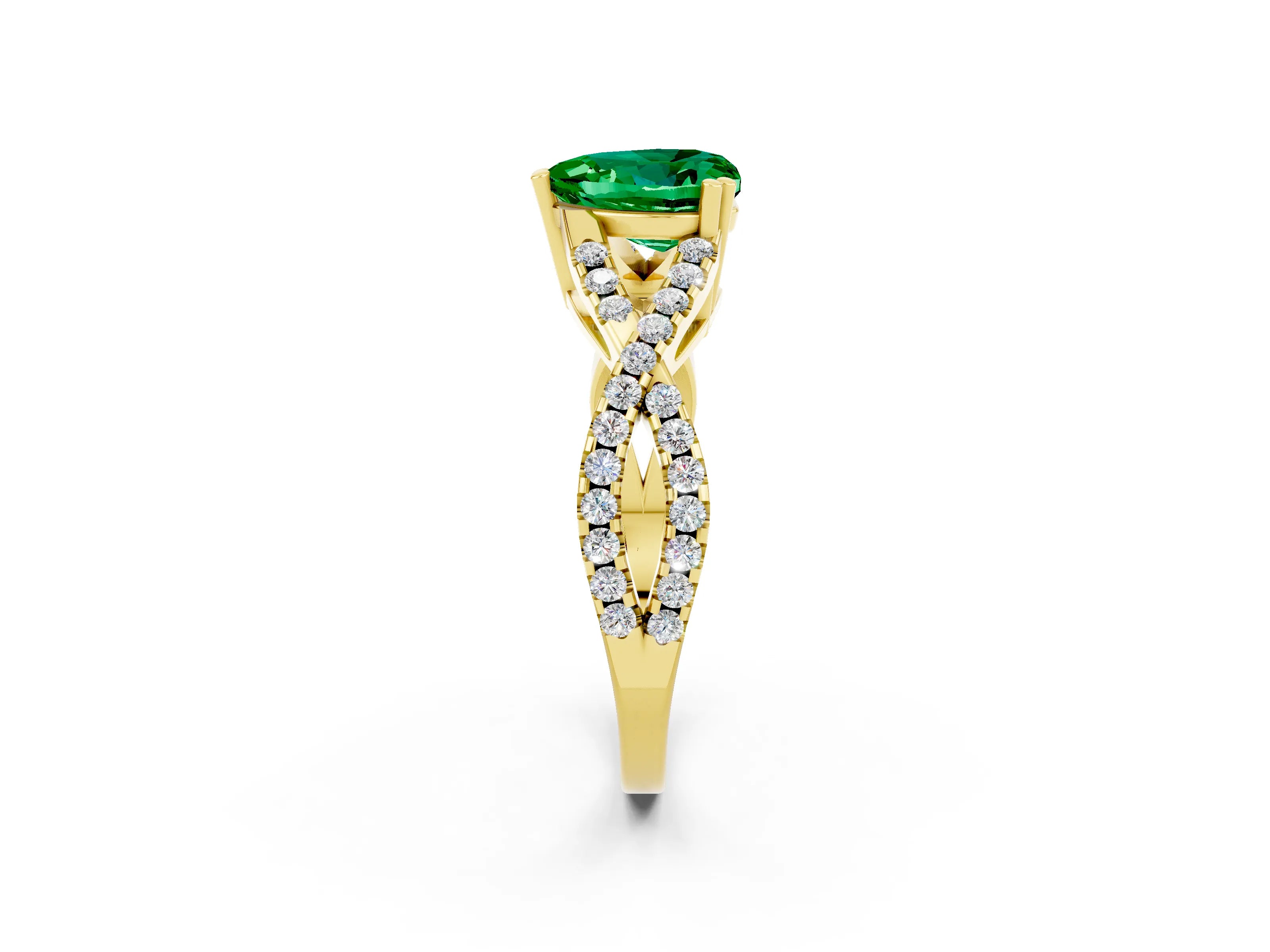 Yellow gold Heart Cut Emerald Solitaire Ring with Four-Prong Setting and Twisted Pavé Band_2