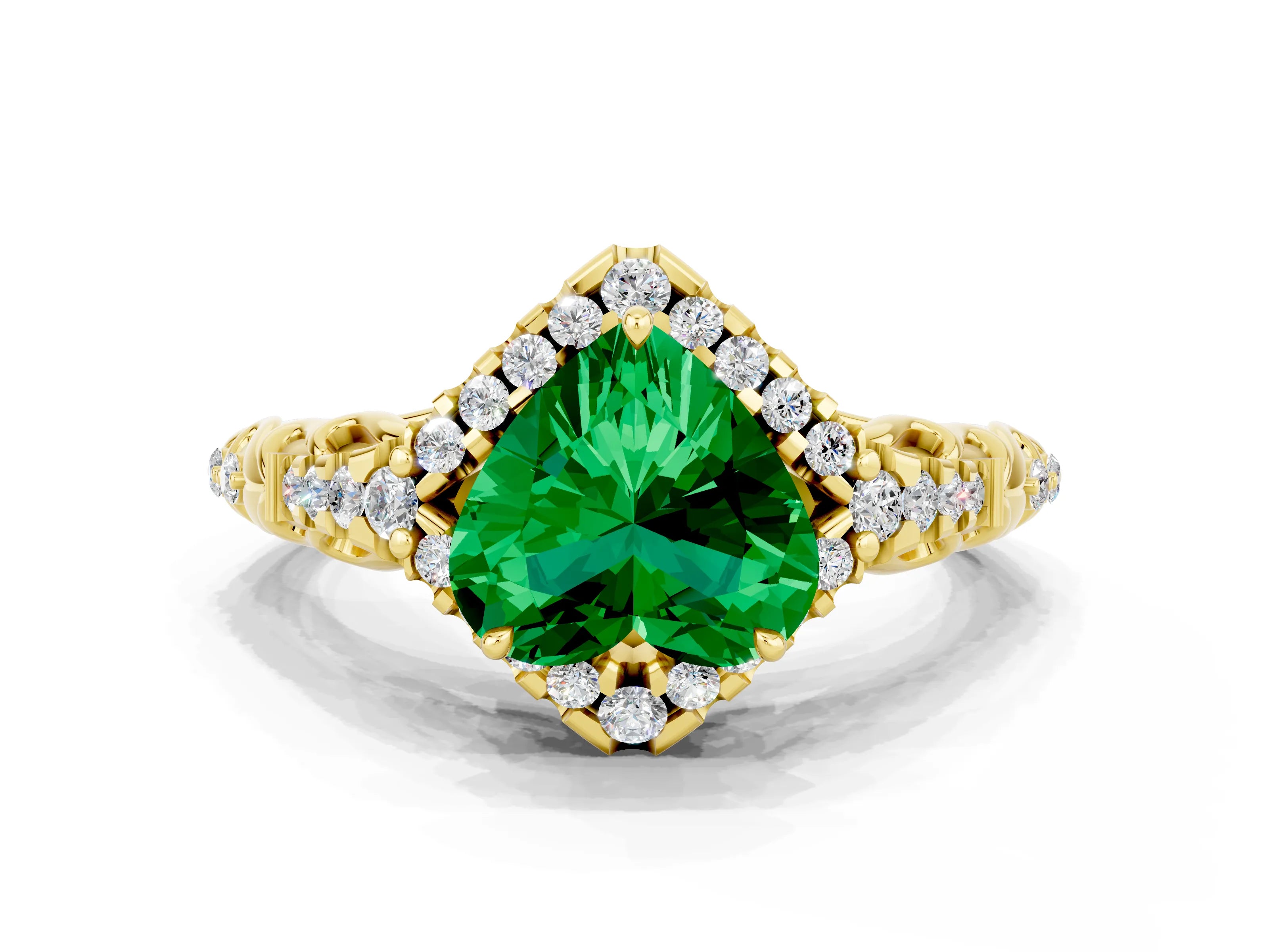 Yellow gold Heart Cut Emerald Solitaire Ring with Hidden Halo and Pavé Band_12