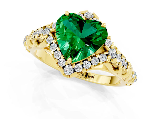 Yellow gold Heart Cut Emerald Solitaire Ring with Hidden Halo and Pavé Band