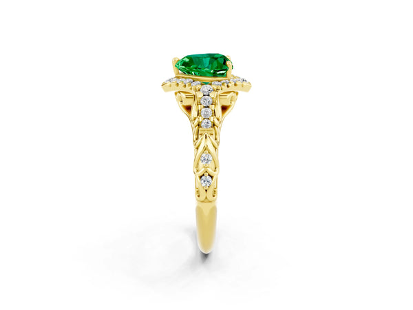 Yellow gold Heart Cut Emerald Solitaire Ring with Hidden Halo and Pavé Band