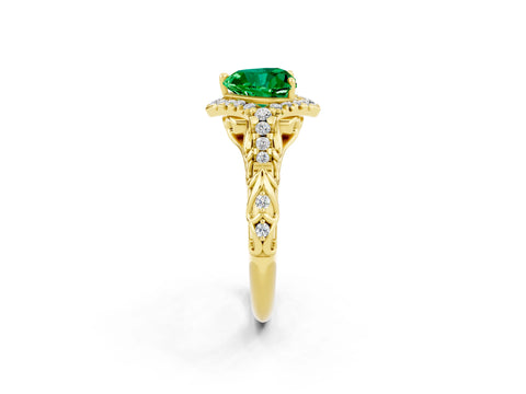 Yellow gold Heart Cut Emerald Solitaire Ring with Hidden Halo and Pavé Band_14