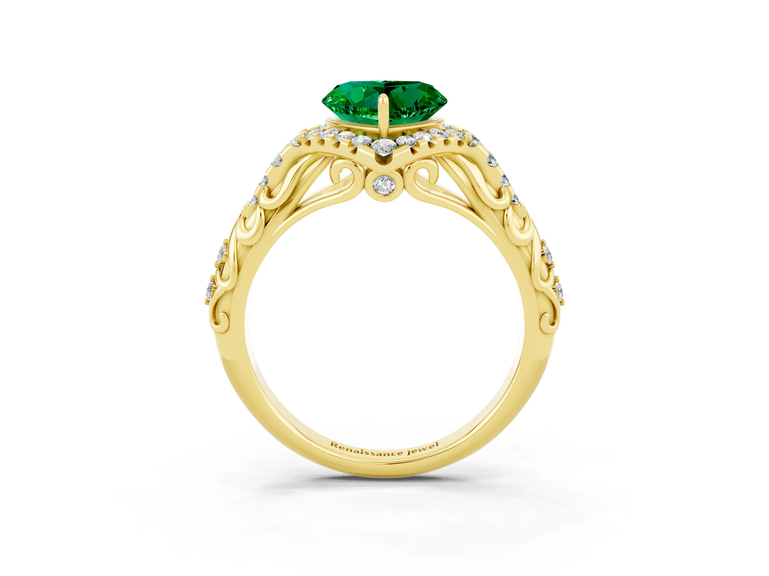 Yellow gold Heart Cut Emerald Solitaire Ring with Hidden Halo and Pavé Band_15