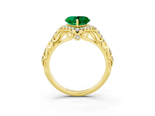 Yellow gold Heart Cut Emerald Solitaire Ring with Hidden Halo and Pavé Band
