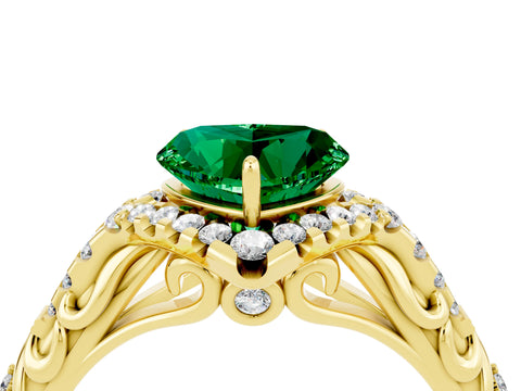 Yellow gold Heart Cut Emerald Solitaire Ring with Hidden Halo and Pavé Band_16
