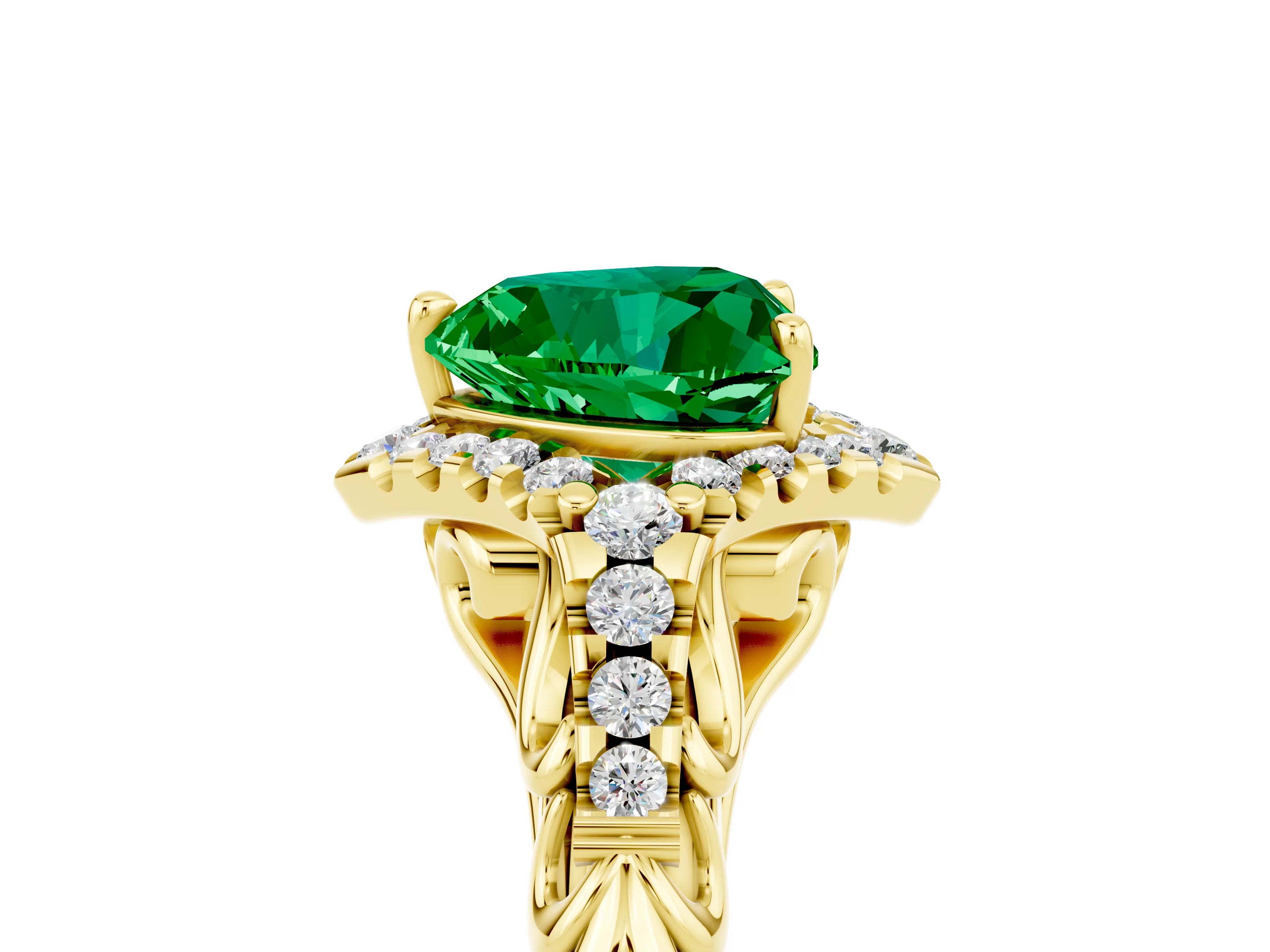 Yellow gold Heart Cut Emerald Solitaire Ring with Hidden Halo and Pavé Band_17