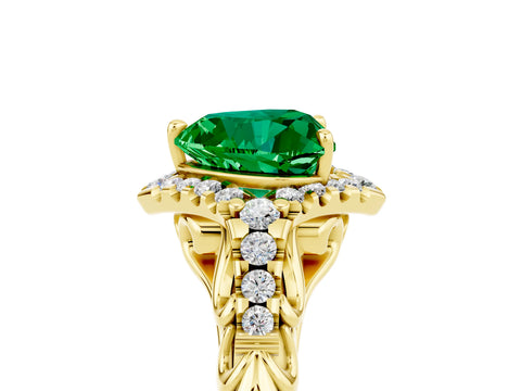 Yellow gold Heart Cut Emerald Solitaire Ring with Hidden Halo and Pavé Band_17