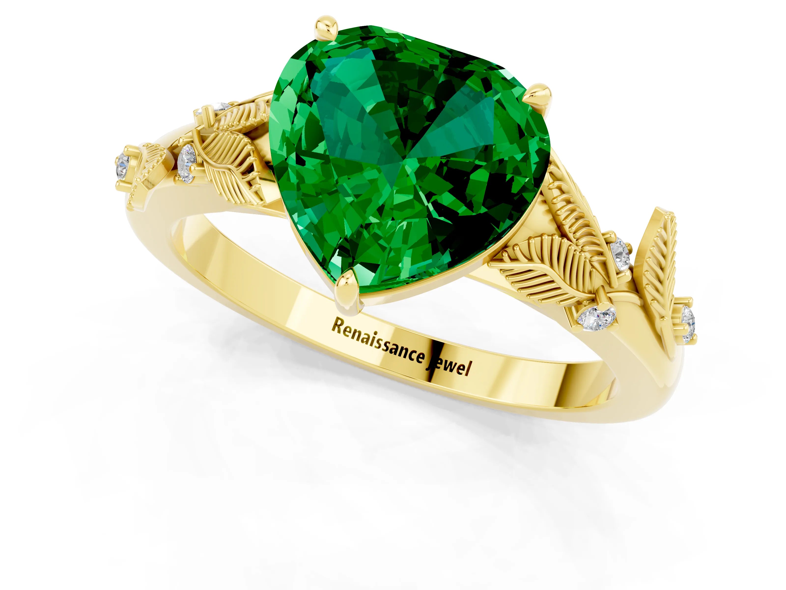 Yellow gold Heart Cut Emerald Solitaire Ring with Leaf Motif Band and Four-Prong Setting_1