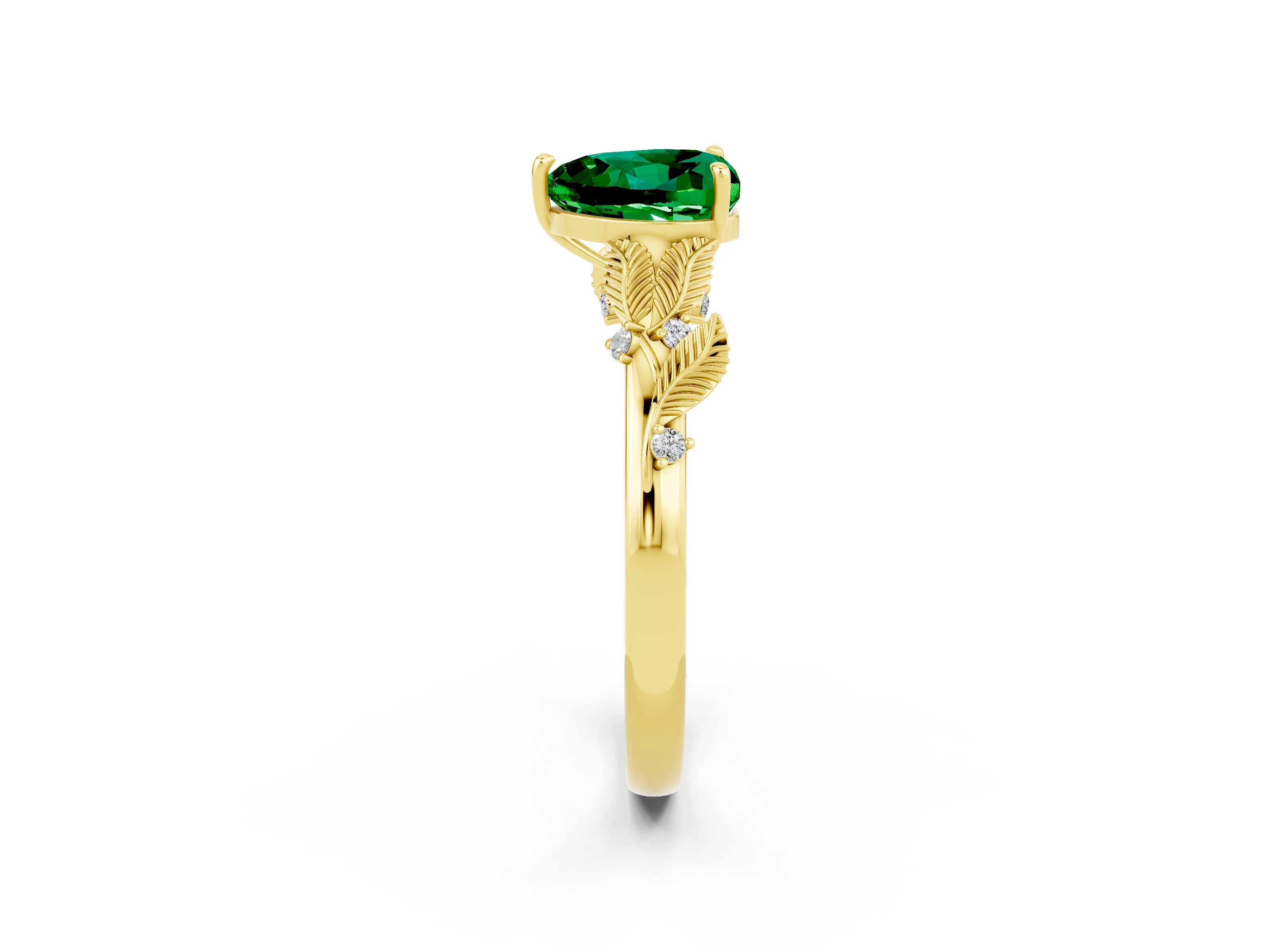 Yellow gold Heart Cut Emerald Solitaire Ring with Leaf Motif Band and Four-Prong Setting_2