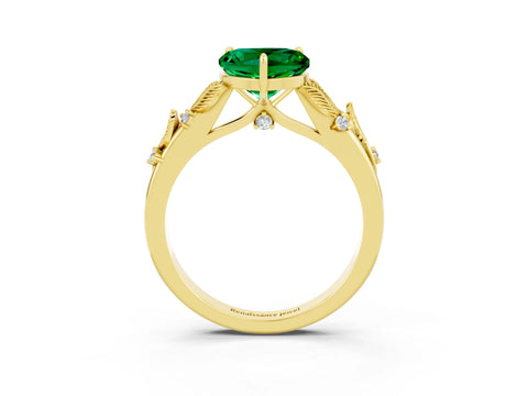 Yellow gold Heart Cut Emerald Solitaire Ring with Leaf Motif Band and Four-Prong Setting_3