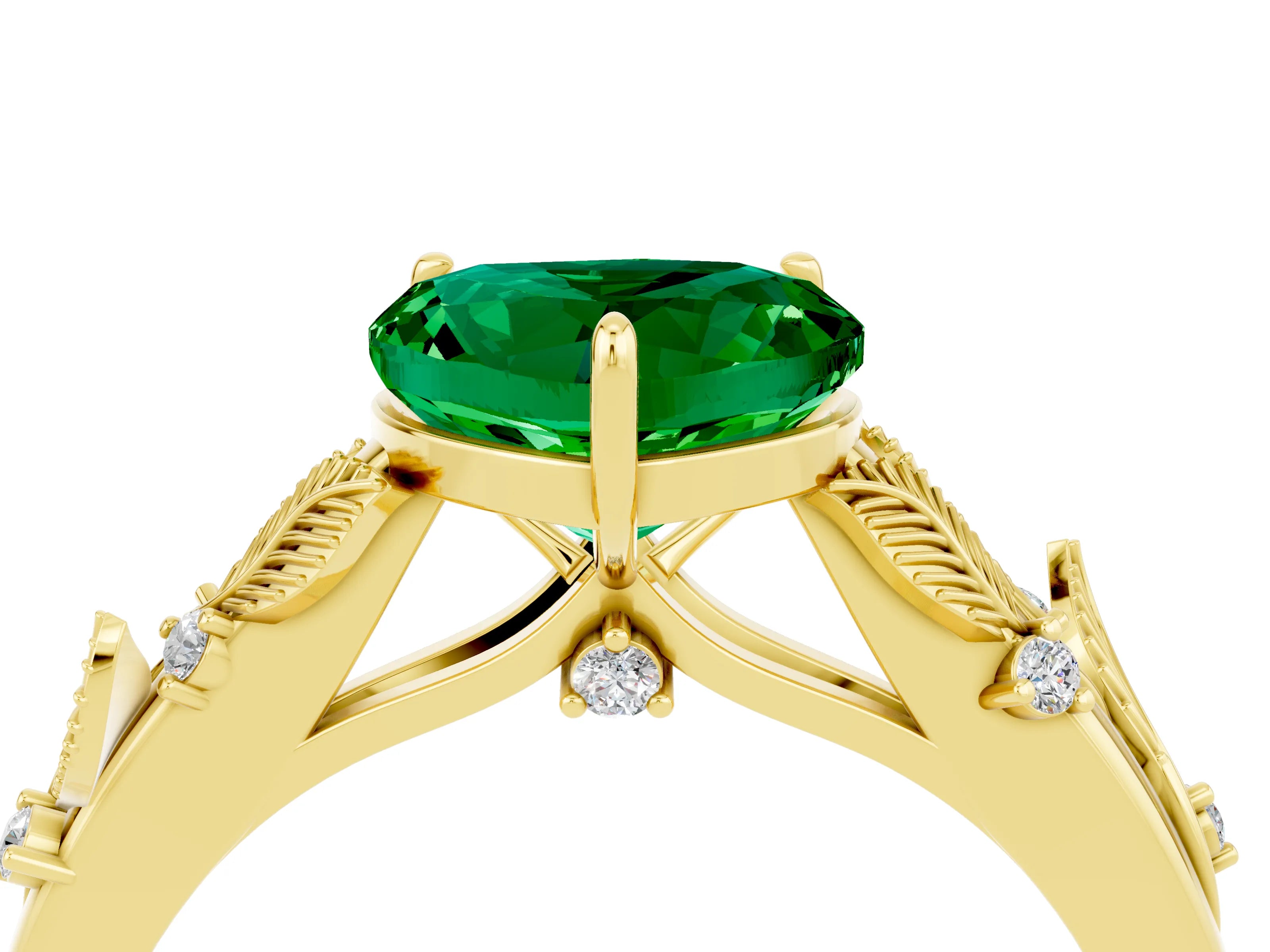 Yellow gold Heart Cut Emerald Solitaire Ring with Leaf Motif Band and Four-Prong Setting_4