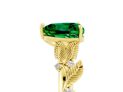 Yellow gold Heart Cut Emerald Solitaire Ring with Leaf Motif Band and Four-Prong Setting_5