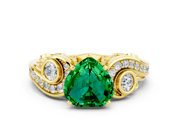 Yellow gold Heart Cut Emerald Solitaire Ring with Milgrain Pavé Band and Four-Prong Setting