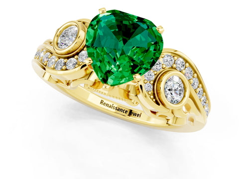 Yellow gold Heart Cut Emerald Solitaire Ring with Milgrain Pavé Band and Four-Prong Setting_25