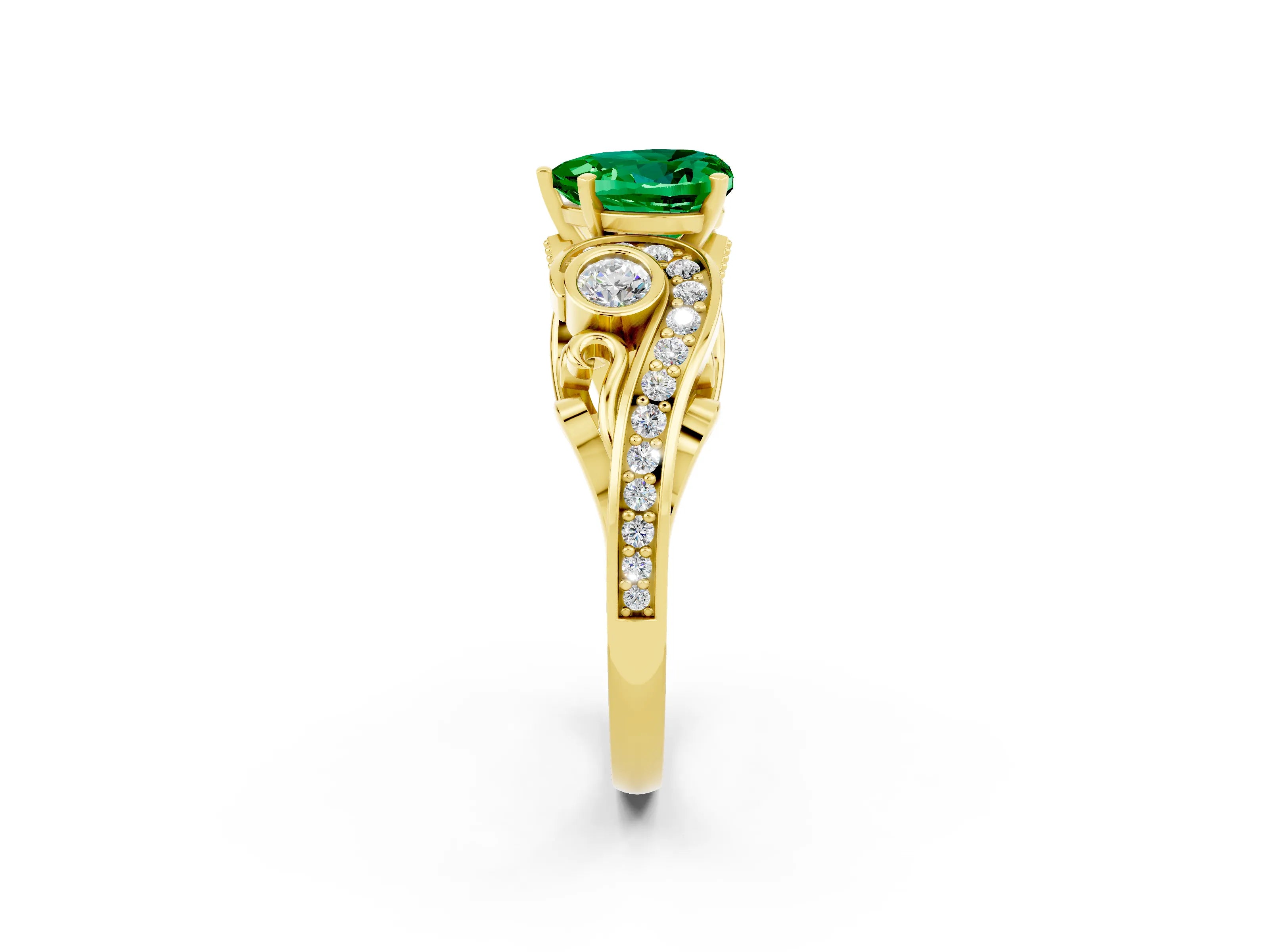 Yellow gold Heart Cut Emerald Solitaire Ring with Milgrain Pavé Band and Four-Prong Setting_26