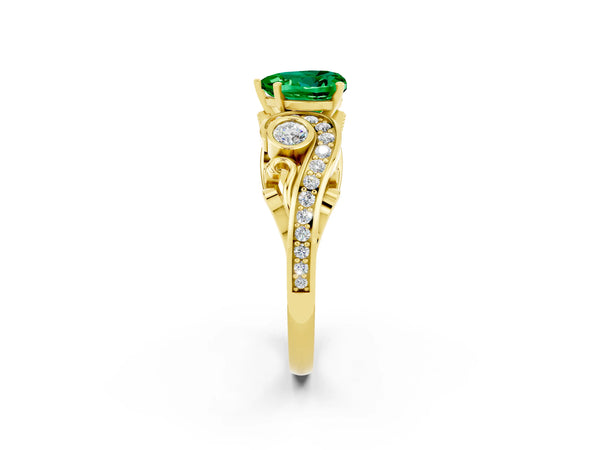 Yellow gold Heart Cut Emerald Solitaire Ring with Milgrain Pavé Band and Four-Prong Setting