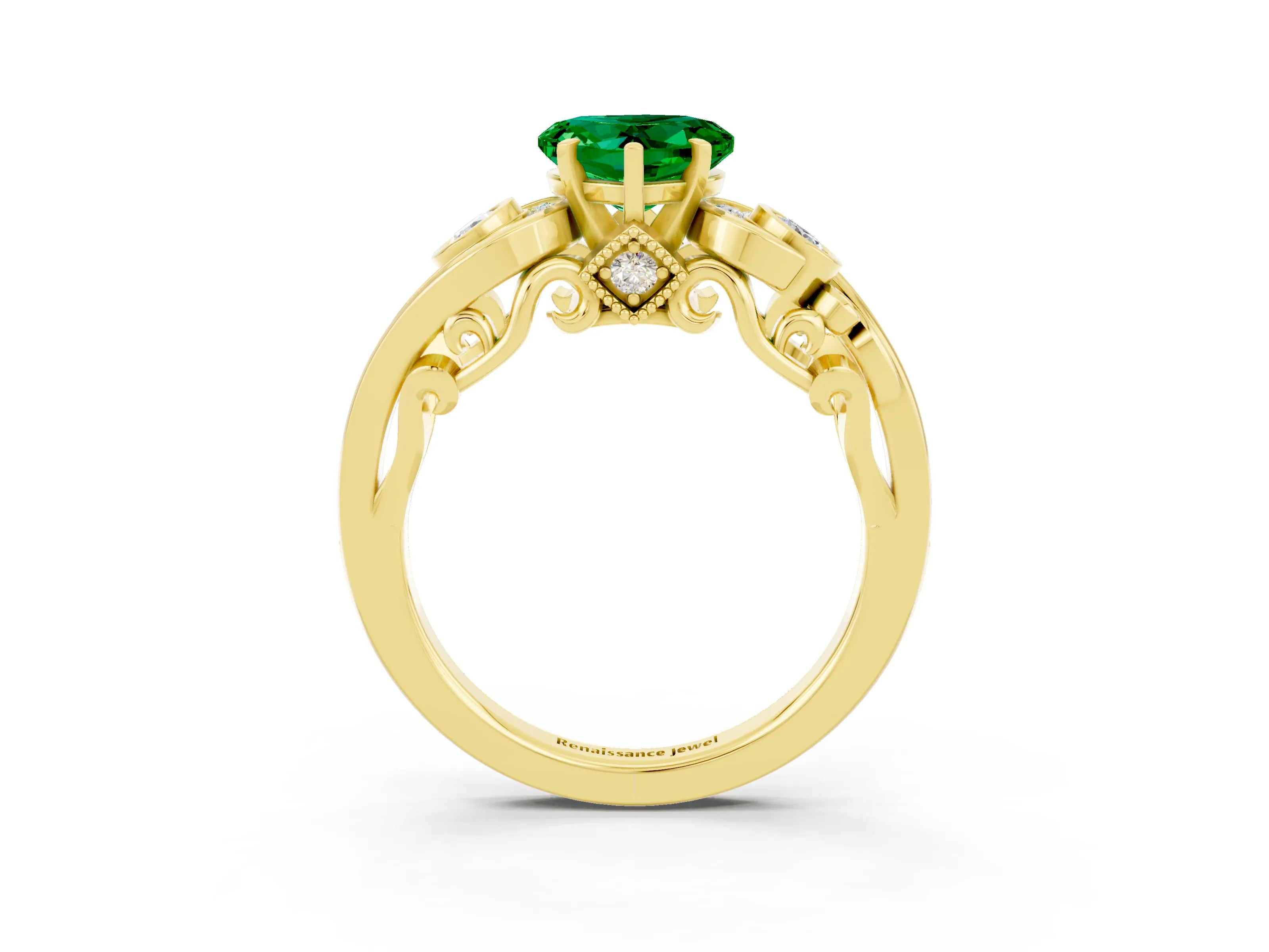 Yellow gold Heart Cut Emerald Solitaire Ring with Milgrain Pavé Band and Four-Prong Setting_27