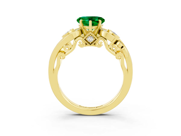 Yellow gold Heart Cut Emerald Solitaire Ring with Milgrain Pavé Band and Four-Prong Setting