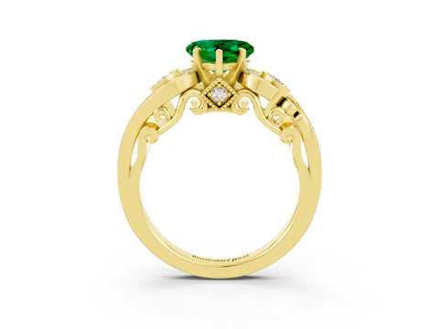 Yellow gold Heart Cut Emerald Solitaire Ring with Milgrain Pavé Band and Four-Prong Setting_27