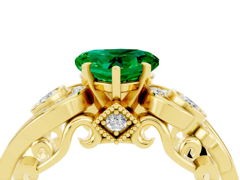 Yellow gold Heart Cut Emerald Solitaire Ring with Milgrain Pavé Band and Four-Prong Setting_28