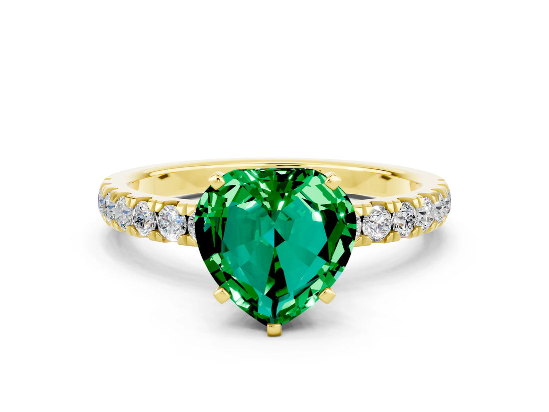 Yellow gold Heart Cut Emerald Solitaire Ring with Pavé Accents and Four-Prong Setting