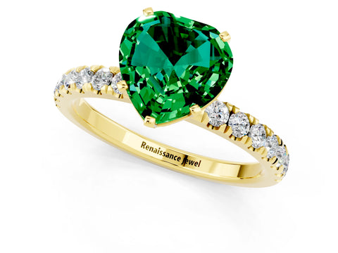 Yellow gold Heart Cut Emerald Solitaire Ring with Pavé Accents and Four-Prong Setting_1