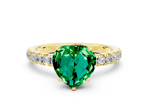 Yellow gold Heart Cut Emerald Solitaire Ring with Pavé Accents and Four-Prong Setting
