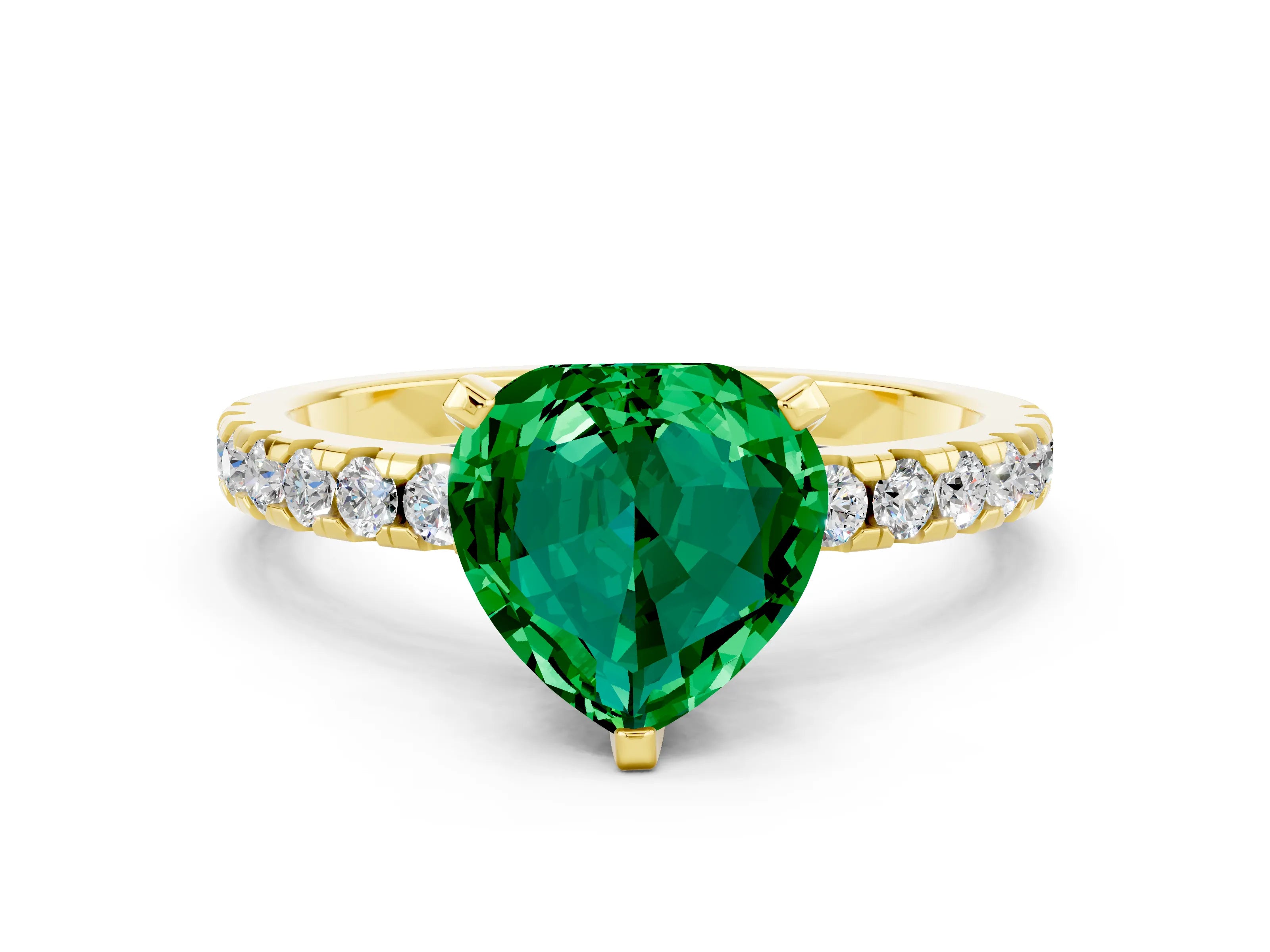 Yellow gold Heart Cut Emerald Solitaire Ring with Pavé Band and Four-Prong Setting_24