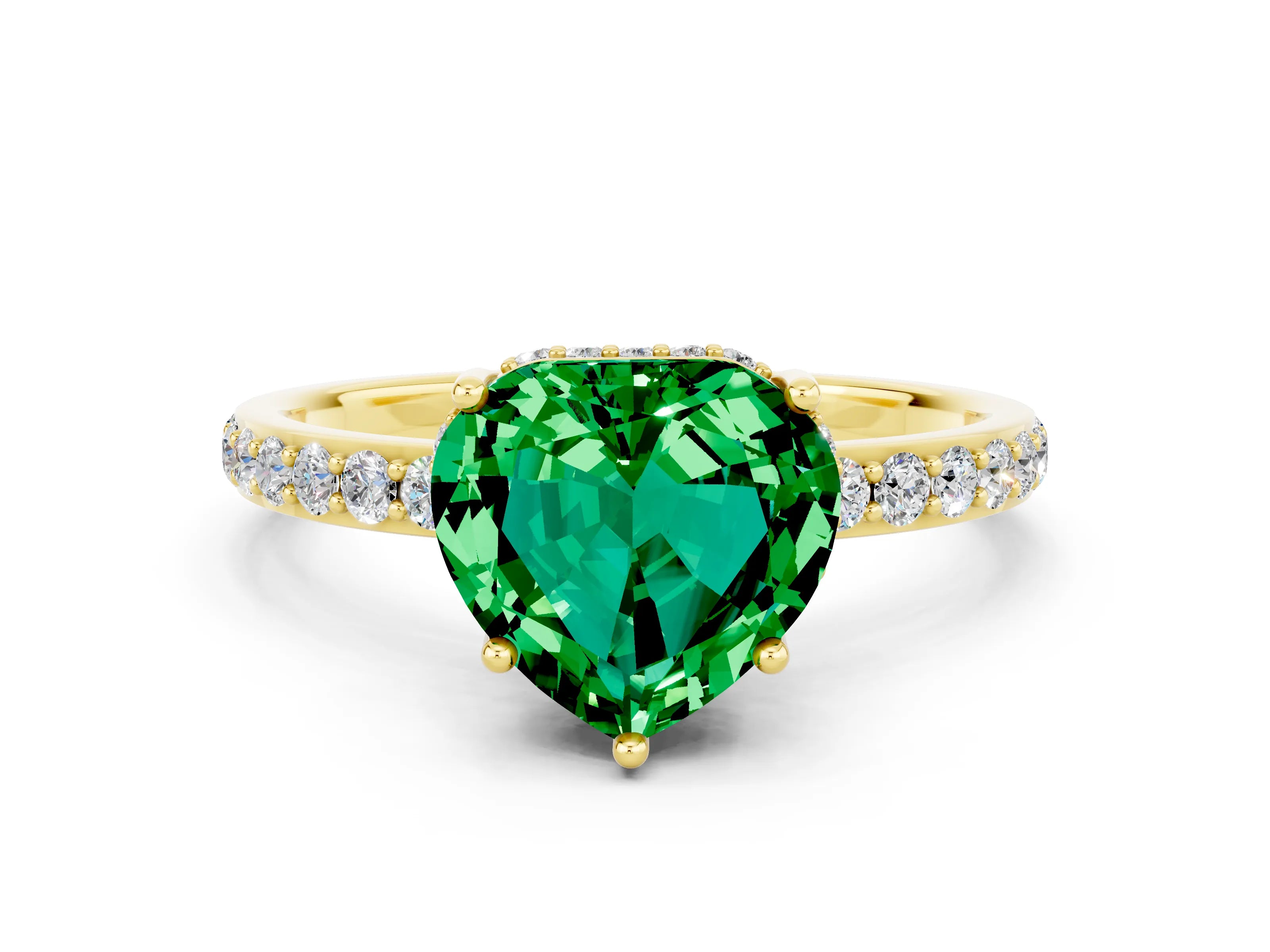 Yellow gold Heart Cut Emerald Solitaire Ring with Pavé Band and Hidden Halo_12