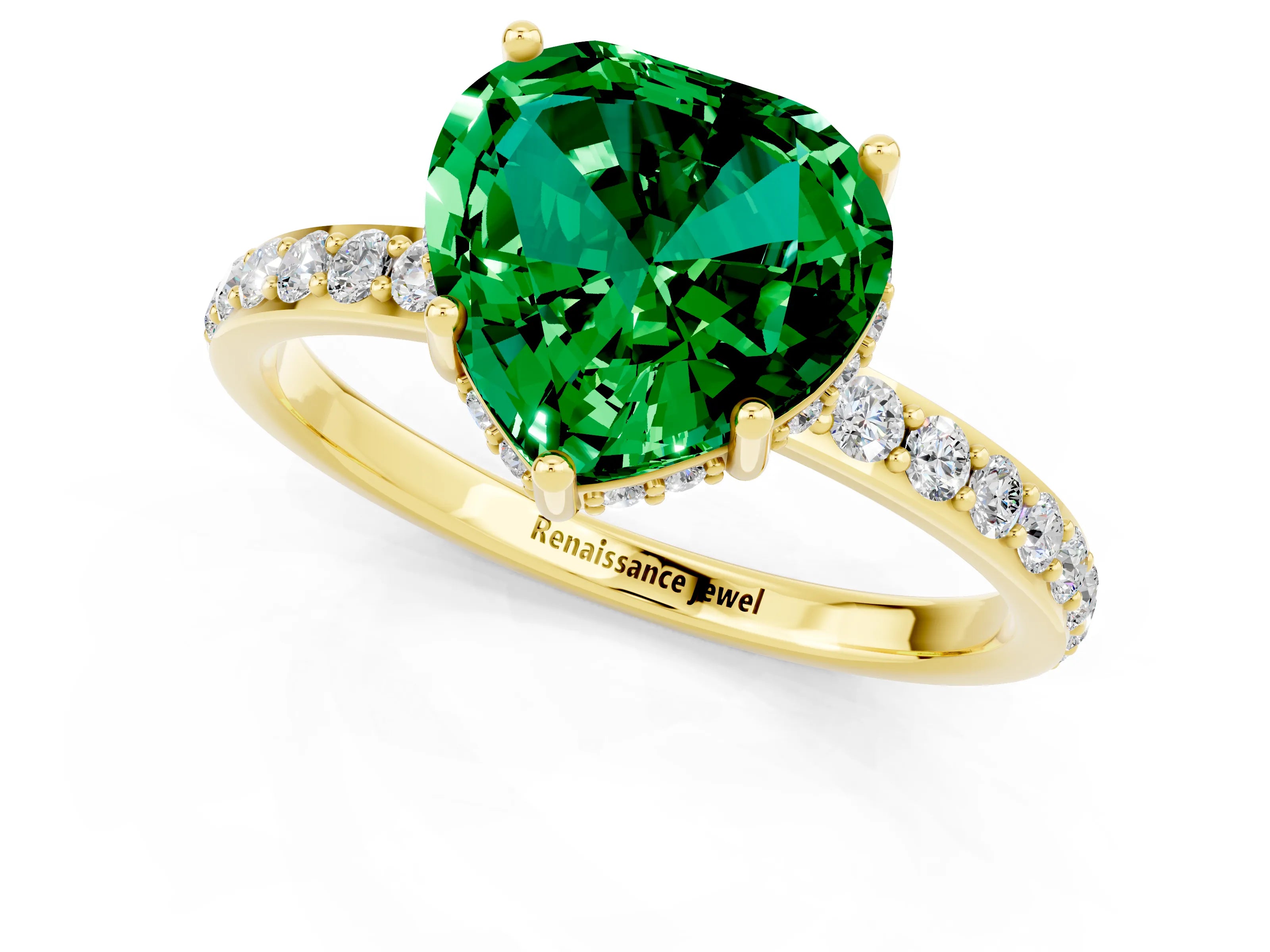 Yellow gold Heart Cut Emerald Solitaire Ring with Pavé Band and Hidden Halo_13