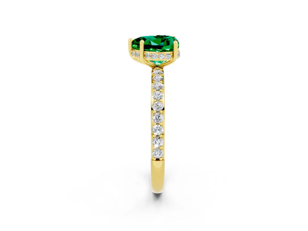 Yellow gold Heart Cut Emerald Solitaire Ring with Pavé Band and Hidden Halo