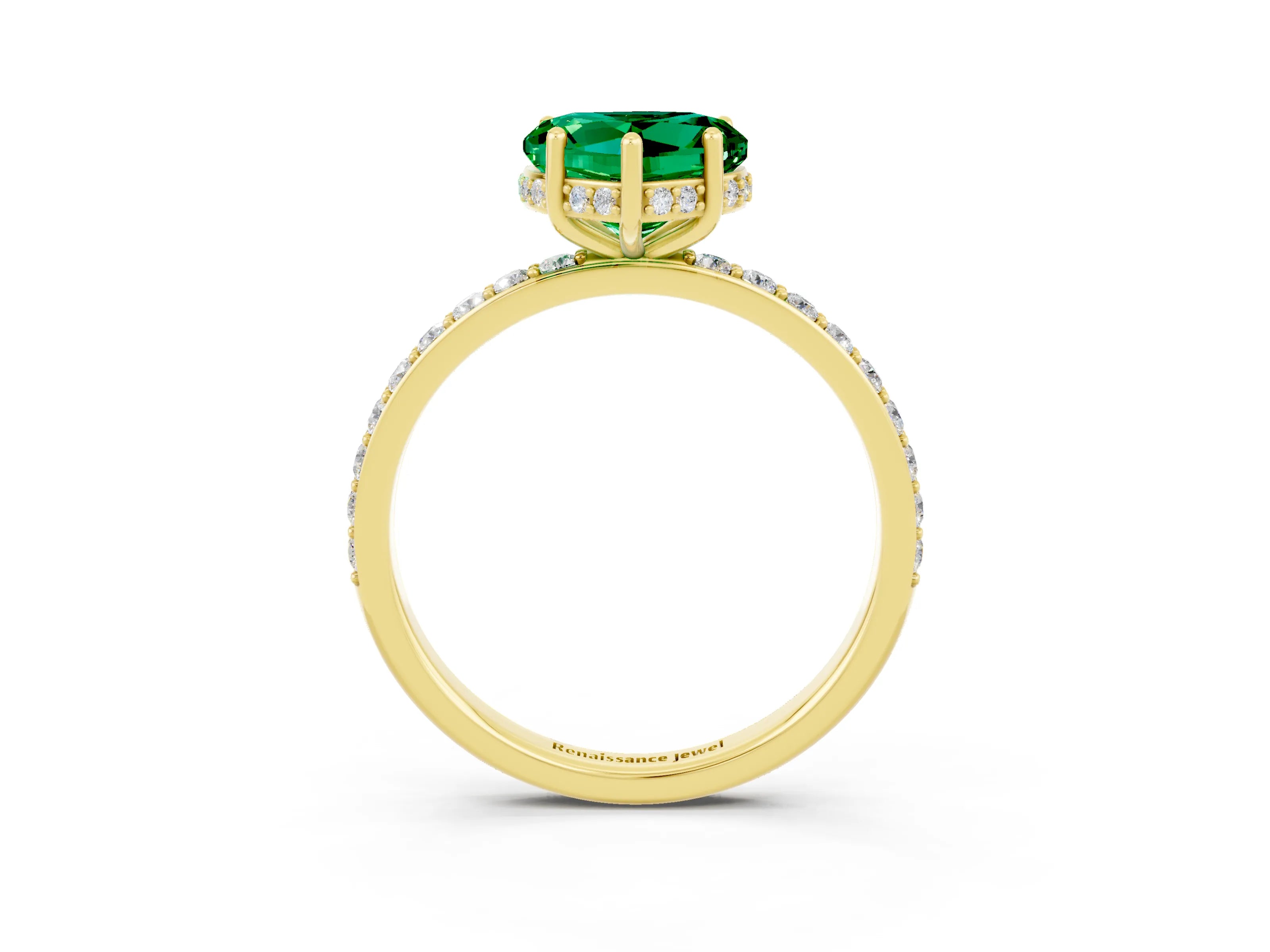 Yellow gold Heart Cut Emerald Solitaire Ring with Pavé Band and Hidden Halo_15